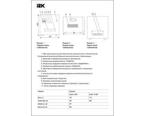 Стабилизатор напряжения Ecoline 10 кВА рел. переносной. IEK