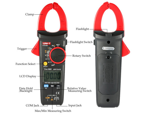 UT213C, 400A AC/DC, токоизмерительные клещи UNI-T, с функцией измерения напряжения, ёмкости, сопротивления и температуры DCV/A, ACV/A