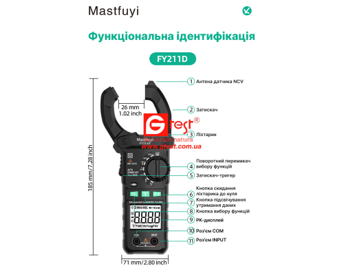 FY211D Интеллектуальные токовые клещи True RMS, DCV/A, ACV/A