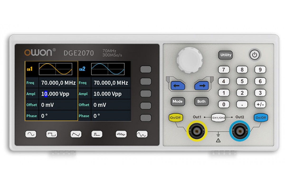 DGE2070 генератор сигналів OWON, 2 канала х 70МГц, 300МВ/с, AM, FM, PM, FSK, Sweep