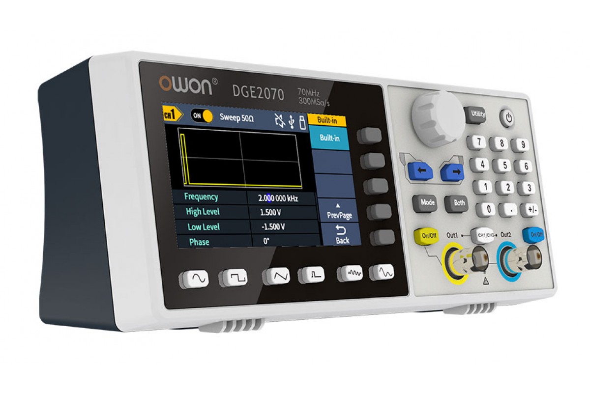 DGE2070 генератор сигналів OWON, 2 канала х 70МГц, 300МВ/с, AM, FM, PM, FSK, Sweep