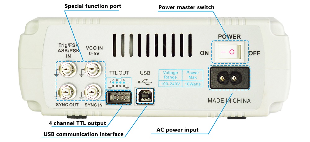 DDS генератор FY6600. Вид сзади